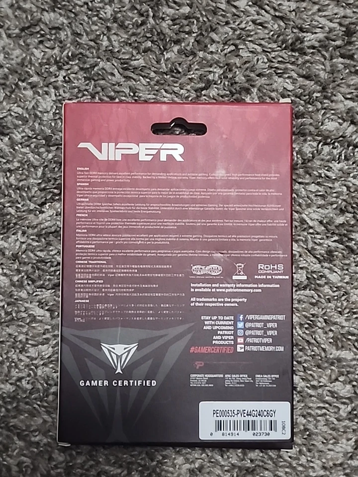 Patriot Viper Elite PVE44G240C6GY PE000535  DDR4 4GB 2400MHz Black/Grey Memory - - Image 2 of 4