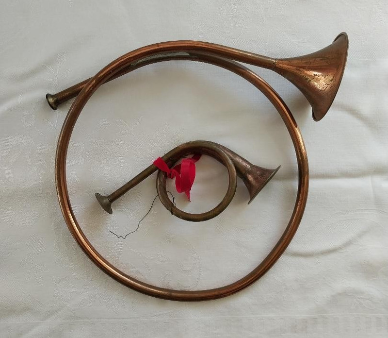 Antique Copper large French Horn and small french horn, decorative, 15"