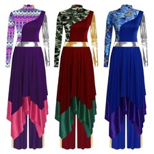 US Women 2 Piece Praise Dance Outfit Irregular Hem Printed Dress Wide Leg Pants