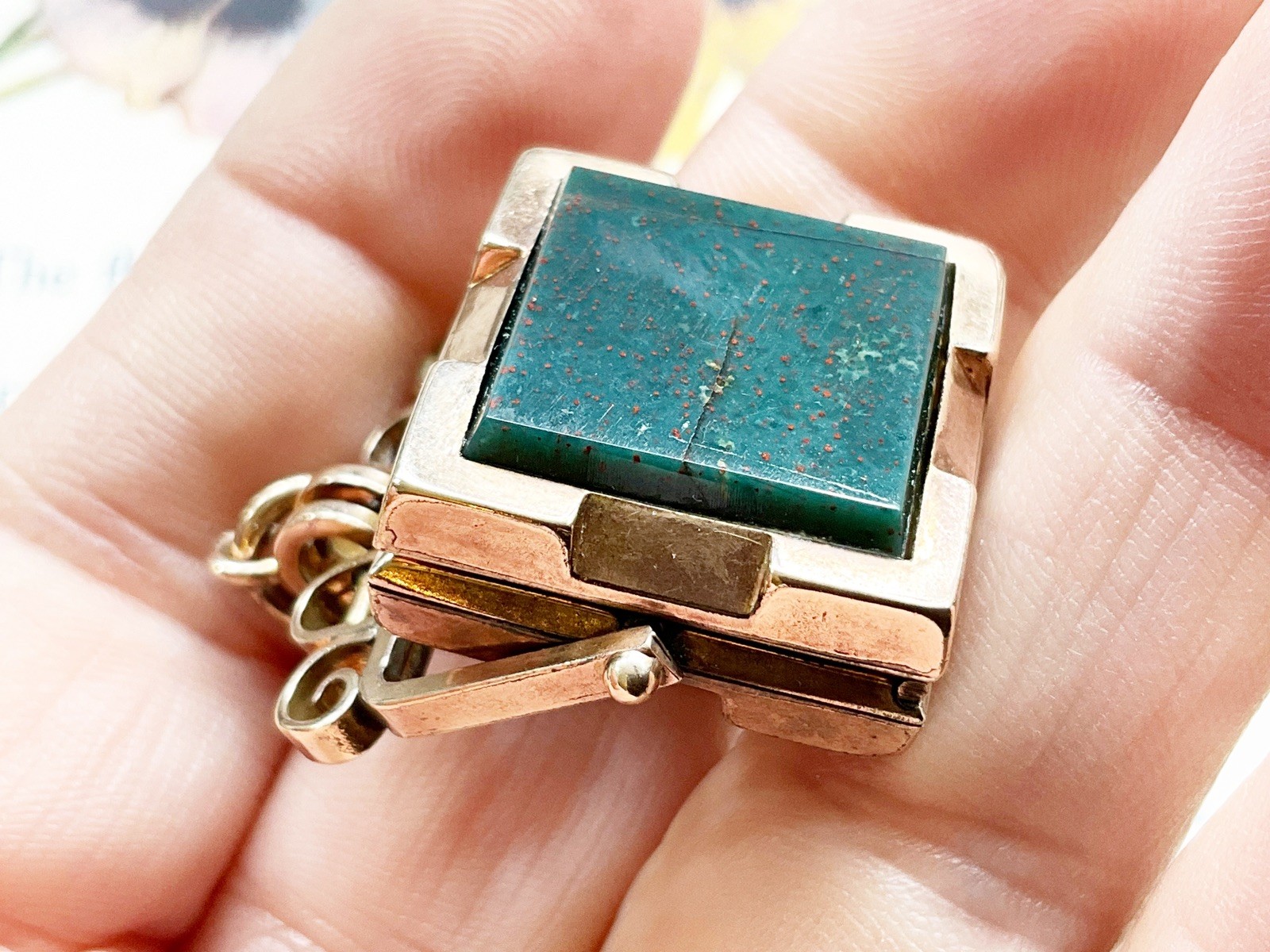 Antique Gold Filled Spinner Locket Watch Fob Pendant with Bloodstone & Carnelian