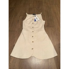 CIDER Beige Linen-Blend Button Front Mini Dress — Spaghetti Strap, Fit & Flare