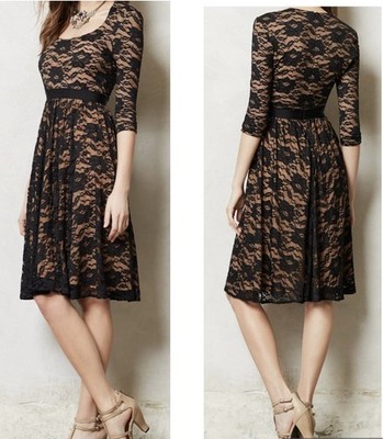 MARCBOUWER ANTHROPOLOGIE Lace Sava Dress Size 12 Midi Black Stretch Zipper Lined