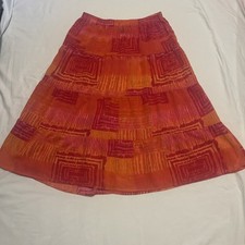 Vintage Midi Skirt Orange pink M Artsy Geometric Pull On Elastic Waist Tiered