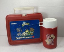 Pound Puppies Lunchbox Lunch Box Thermos Red Plastic Complete 1987 Vintage