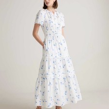 Quince Organic Cotton Poplin Tiered White Blue Stems Print Maxi Dress Size M
