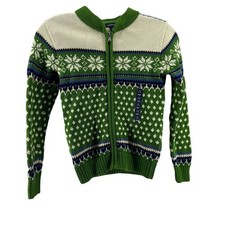 Lands End Sweater Fair Isle Green Cream Blue Full Zip Girls Size Small