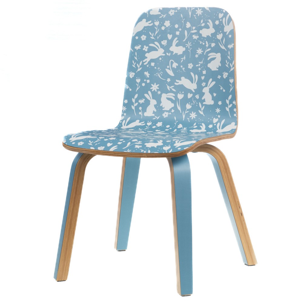 Chaise enfant bleue lapin en bois au dossier design scandinave lot de 2