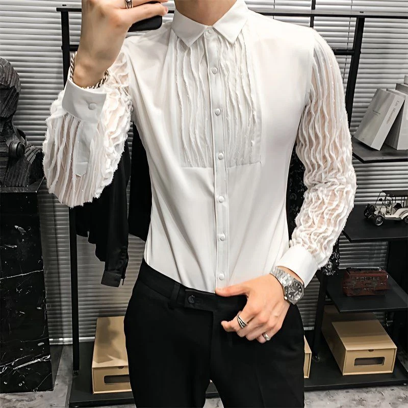 Men's Fashion Lace Korean Slim Fit Shirts Casual Wedding Button Dress Shirts - Image 4 of 4