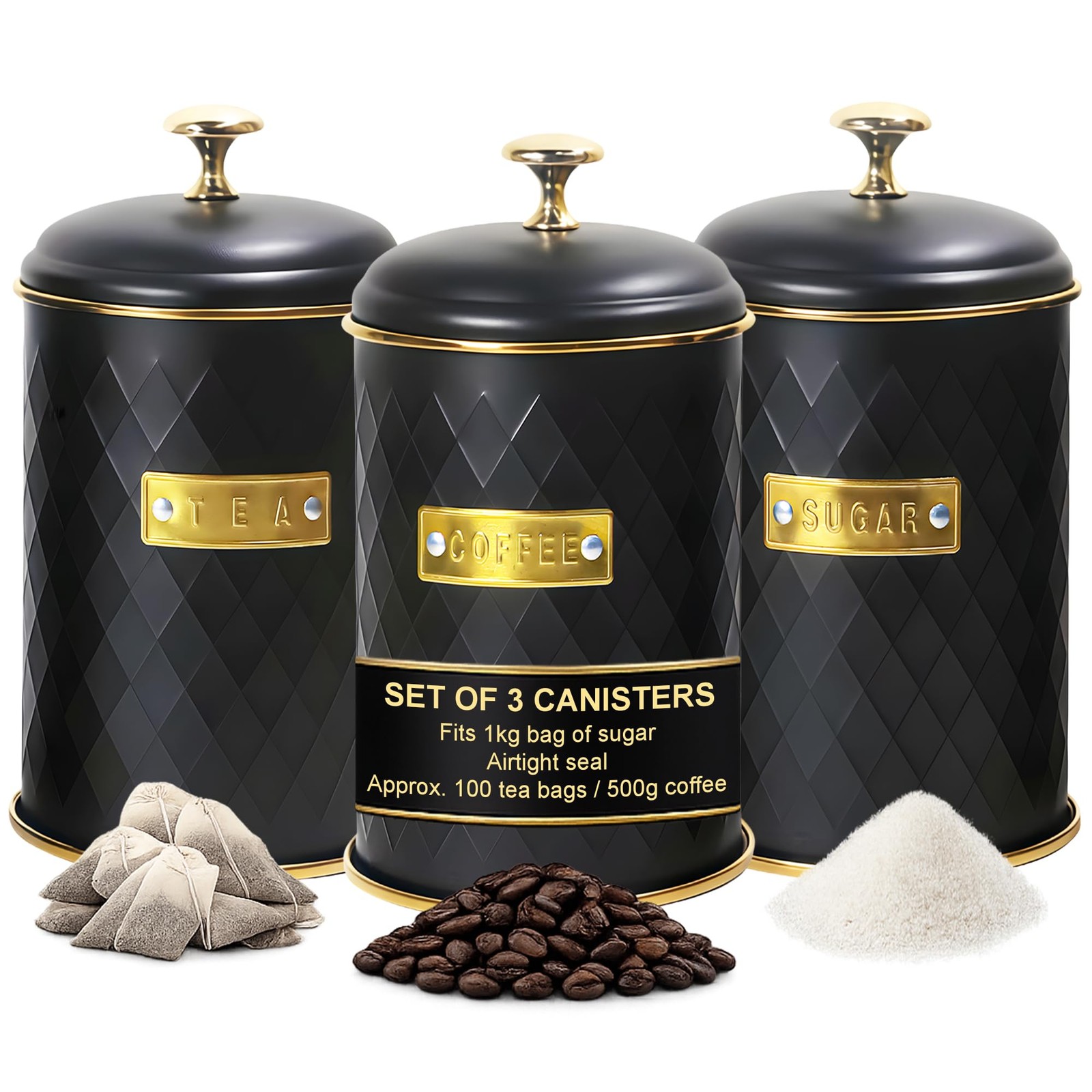 Limitless Essentials Tea Coffee Sugar Canisters – Airtight Medium, Black/Gold
