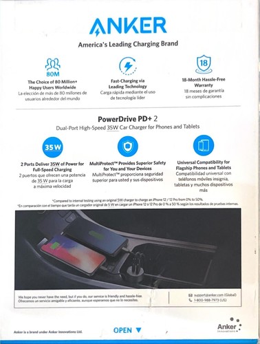 Anker 2-Port 20W USB-C + 15W USB-A Power Delivery Car Charger - Black - Picture 2 of 4