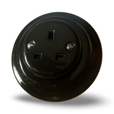 Glossy Black Retro Ceramic Porcelain Single Plug Socket Outlet 1 Gang UK  Plug