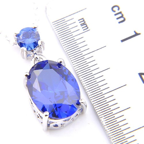 Oval Jewelry Gift Swiss Blue Fire Topaz Gems Silver Necklace Pendant With Chain - Picture 6 of 6