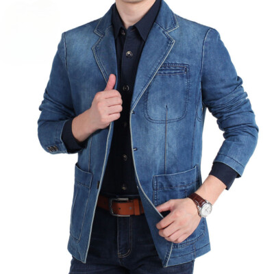 Men's Denim Autumn Winter Cotton Casual Fashion Suit Jacket Male Slim Fit  Suits