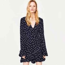 ZARA Trafaluc Collection Faux Wrap Navy White Polka Dot Romper V-Neck Small