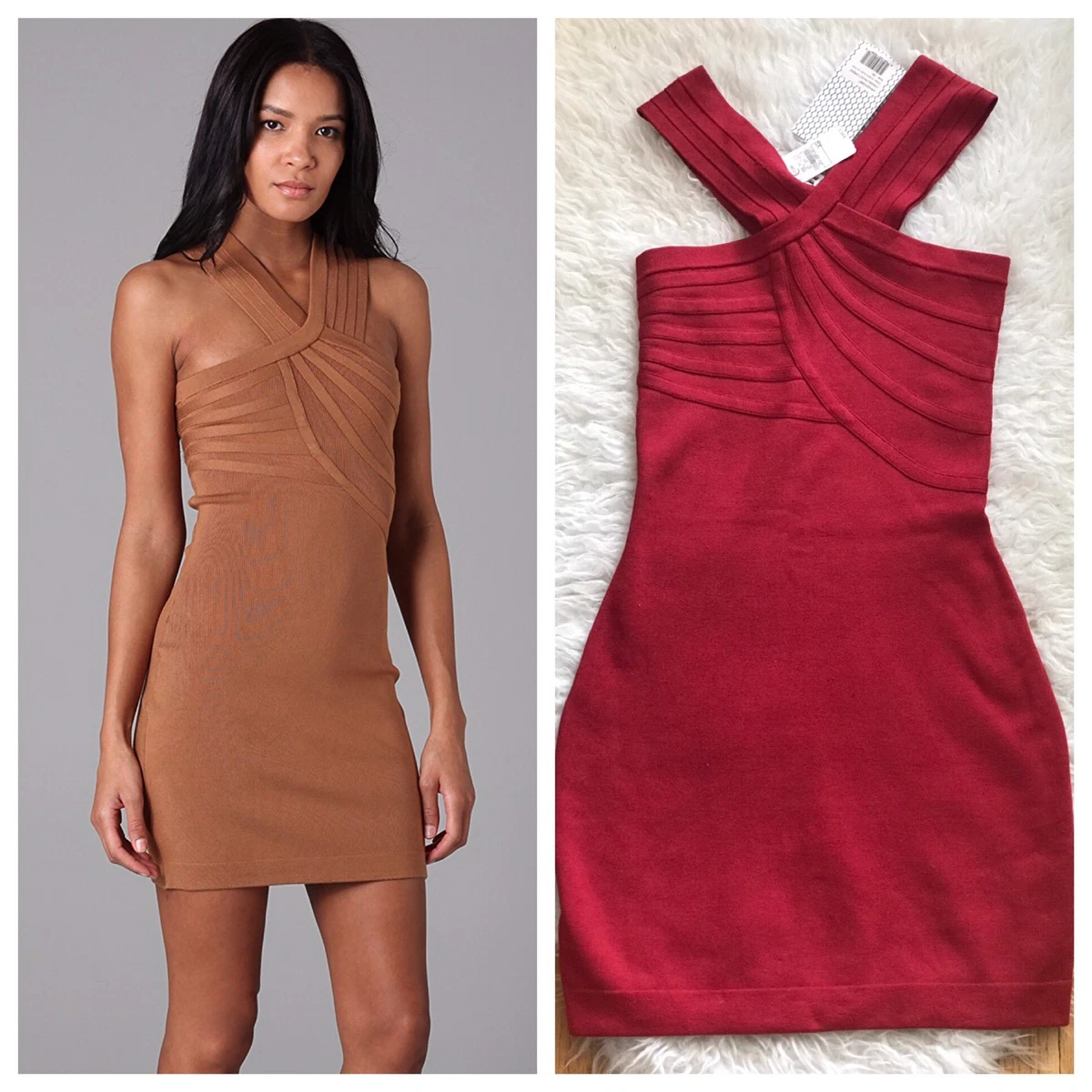 NWT Halston Heritage Knit Cross Front Party Dress 100 Silk Ruby Red XS