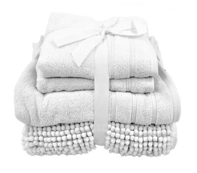 Vier Stück Baumwolle Zero Twist Handtuch und Chenille Badematte Paket in weiß