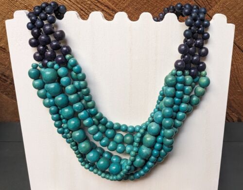 Blue Two Toned Wood Bead Braded Short Necklace Hippie Boho  - Picture 1 of 5