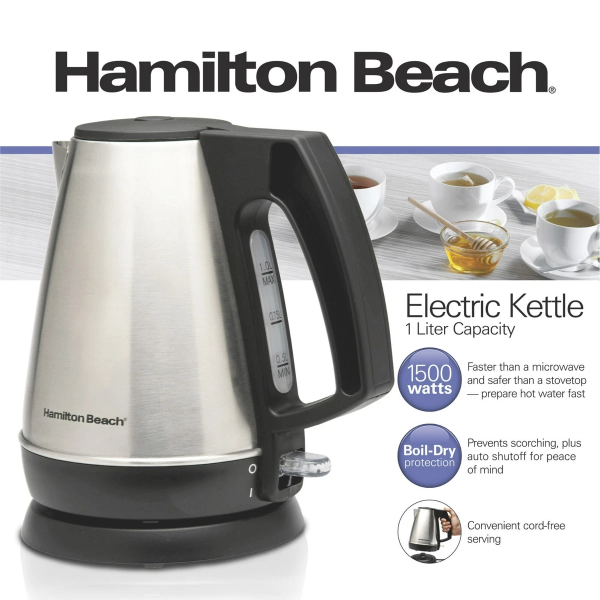 Hamilton Beach Electric Kettle, 1 Liter Capacity, Stainless Steel