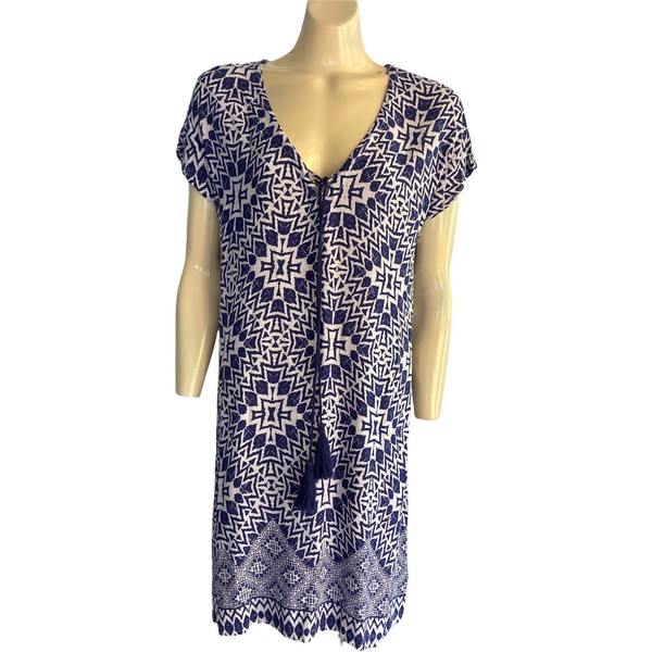 Sussan Shift Sun Dress Sz XS  10 Viscose Short Sleeves Aztec Print Blue White
