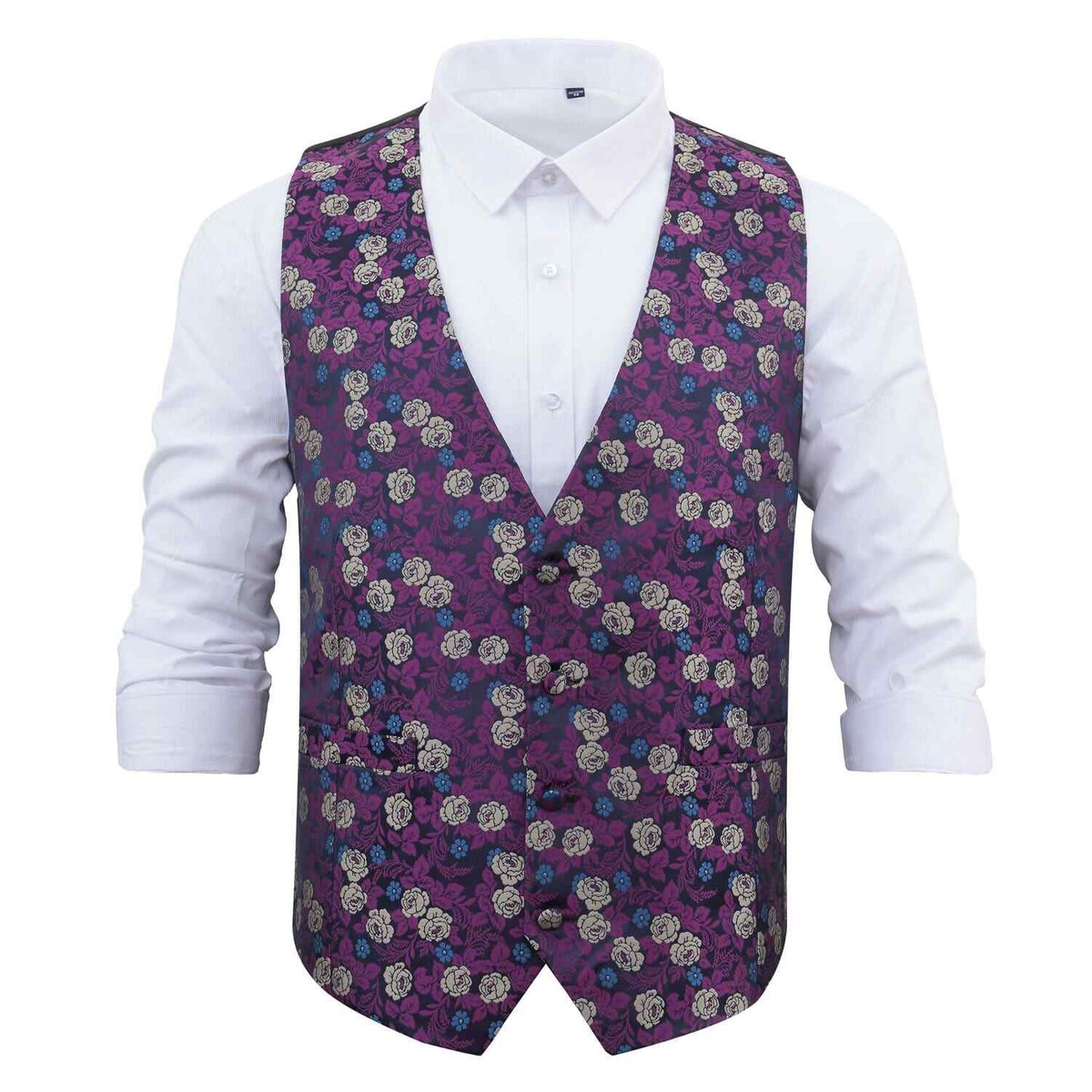Purple Yellow Mens Waistcoat Floral Rose Formal Wedding Tuxedo Vest by DQT