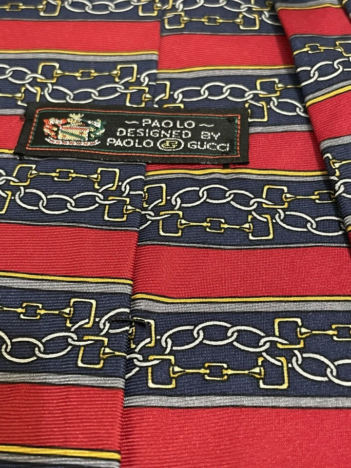 Винтажный дизайнерский шелковый галстук Paolo Gucci красный синий абстрактная цепочка звено геометрический шелк - Изображение 4 из 4