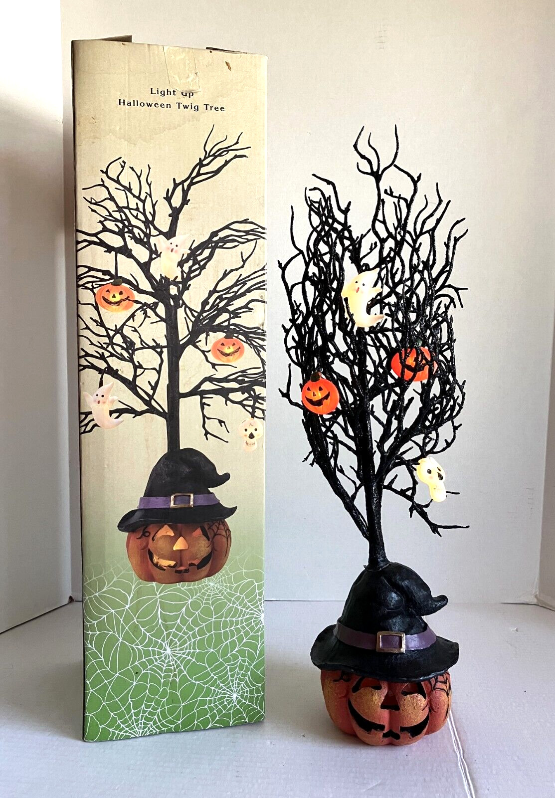 Halloween Light Up Twig Tree Pumpkin Ghost Black Cracker Barrel 24" Battery