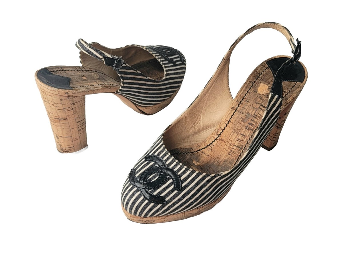 CHANEL Shoes Sandals stripe canvas black white CC logo size CHANEL Shoes Sandals stripe canvas black white CC logo size