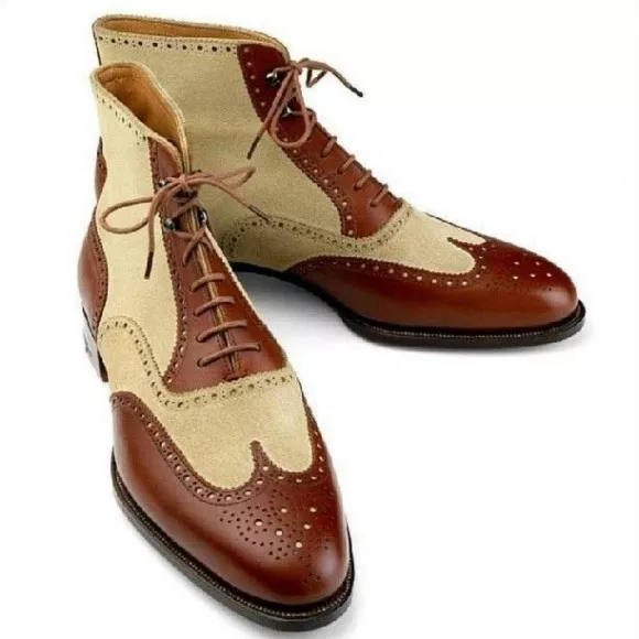 Handmade Men Wing Tip Ankle High Boots Two Tone Leather brogue dress Boots
