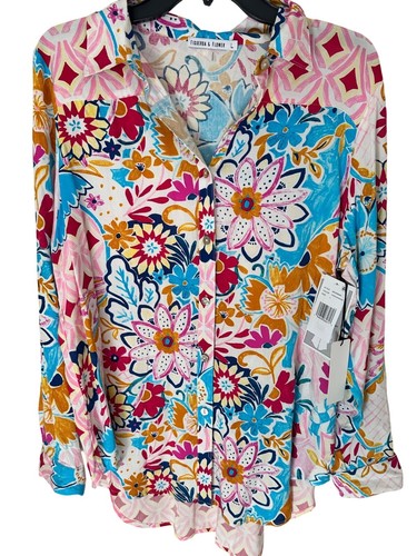 Figueroa & Flower Large Boho Floral Long Sleeve Roll Sleeve Blouse Top - 第 5/10 張圖片