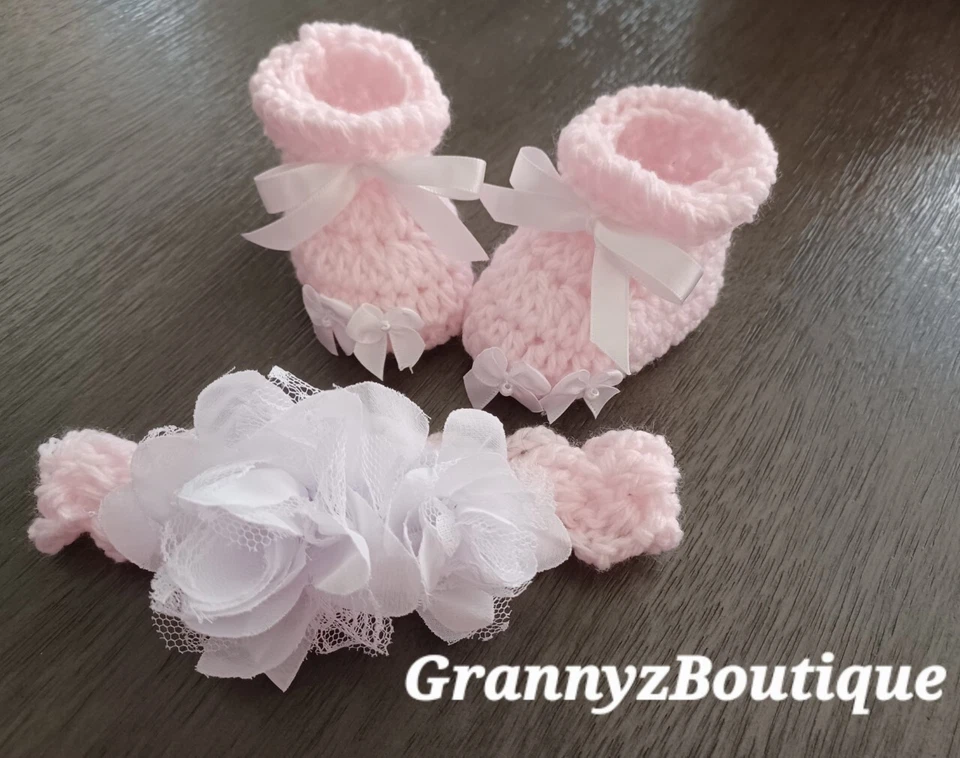 Crochet Baby Pink  White Baby Dress Set Headband, Diaper Cover, Booties Girl - Image 3 of 4