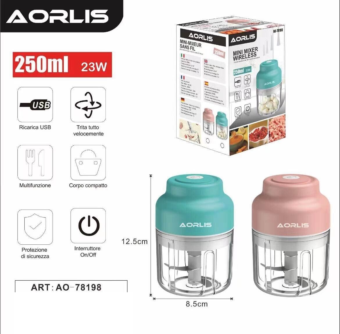 Frullatore Portatile Blender 250 Ml Succo di Frutta Verdura Ricaricabile Usb 23W