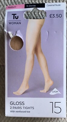TU WOMAN GLOSS 15 DENIER TIGHTS ~2 PAIRS ~ MEDIUM ~CARAMEL NUDE ~ REINFORCED TOE
