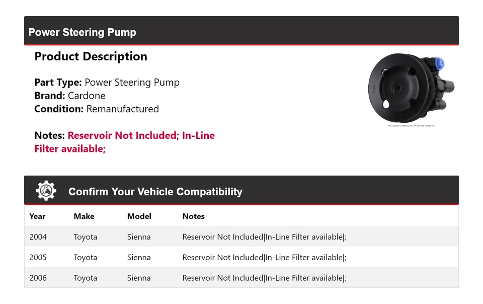 Bomba de dirección asistida Cardone 2005 para Toyota Sienna 2004-2006 Foto 2 de 4