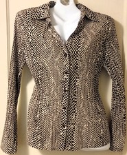 APT. 9 BROWN ANIMAL PRINT FLUTED STRETCH BUTTON UP BLOUSE LONG BELL SLEEVE LARGE