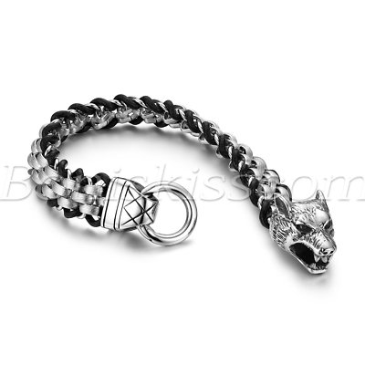 Men's Punk Stainless Steel Leather Braided Wolf Head O Ring Clasp Bracelet  Chain