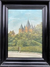 Impressionist Summer Day View of a Castle Castle Church Oil Painting Antique 