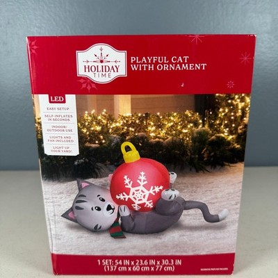 Holiday Time Playful Cat with Ornament LED Inflatable Christmas Decor 4.5ft Wide