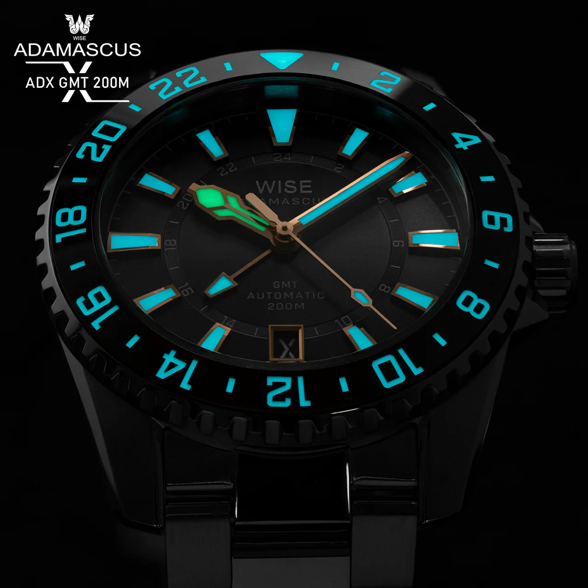 WISE Watch ADAMASCUS ADX161 True GMT Aqua blue Sunburst Dial | eBay