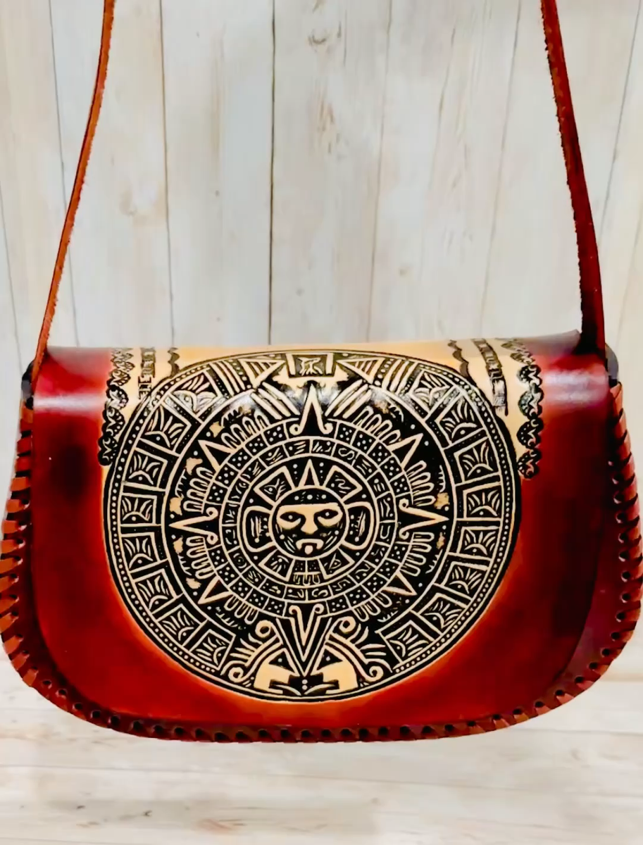 Handmade Tooled Mexican Leather Aztec Calendar Handbag Bolsa