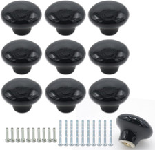 10Pack Ceramic Cabinet Knobs, 1.26Inch/32mm Black Round Drawer Dresser Knob Pull