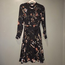 Nanette Lepore Floral Long Sleeve Shirt Dress Tie Waist, Women's Size 2, Black