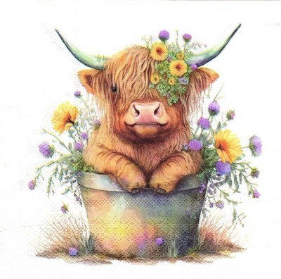(2) Two Paper Lunch Napkins for Decoupage/Mixed Media - Cute Highland Cow calf