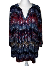 Cato Blouse Womens Plus 26/28W Blue Red Long Sleeve Blouse Hi Low