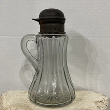 Antique 7” EAPG Ribbed Glass Syrup/Molasses Creamer Jug Pitcher Spout Metal Top