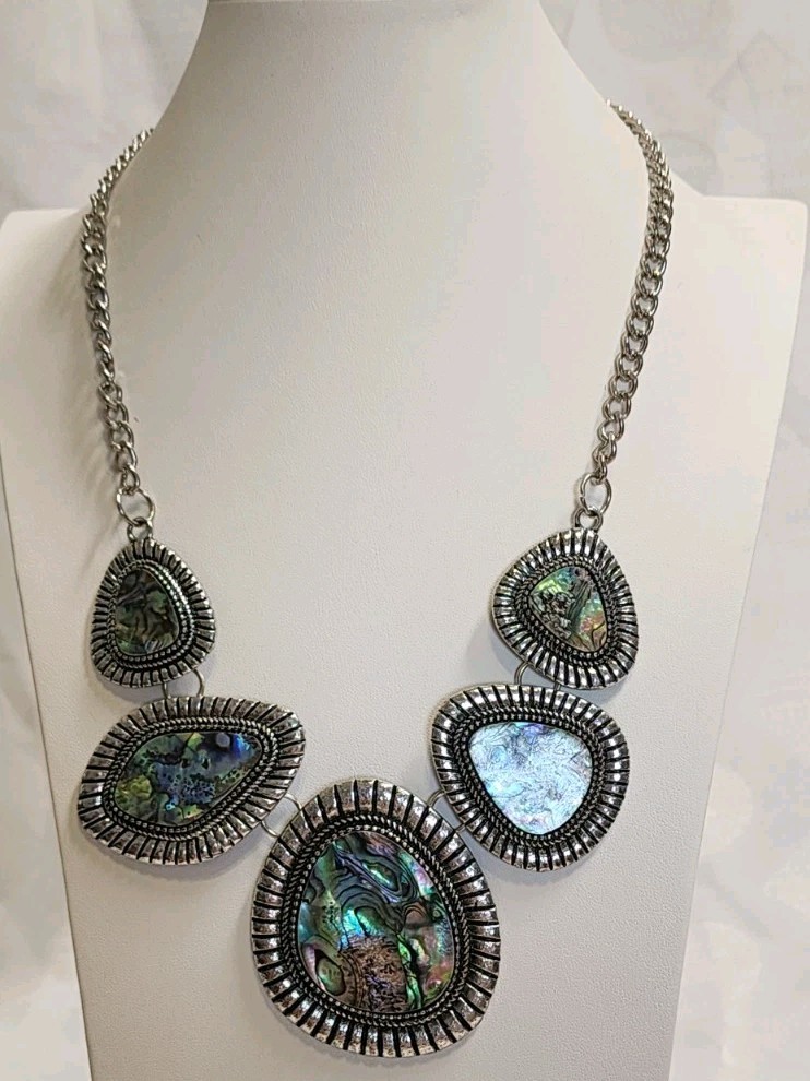 Abalone Shell Statement Necklace Silver Tone Bib … - image 1