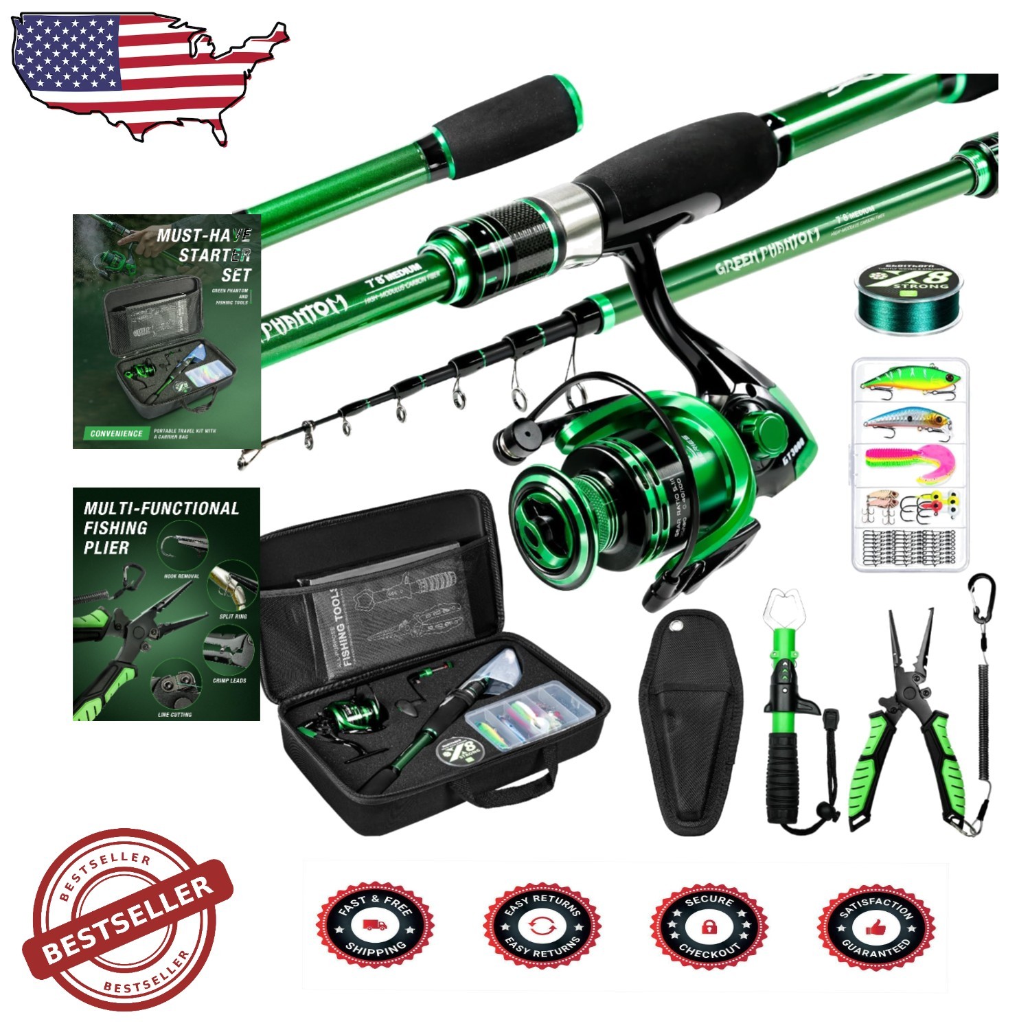 7ft Graphite Travel Fishing Rod & Reel 34lb Drag