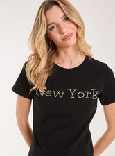 Pink Vanilla Womens BLACK New York Diamante T- Shirt