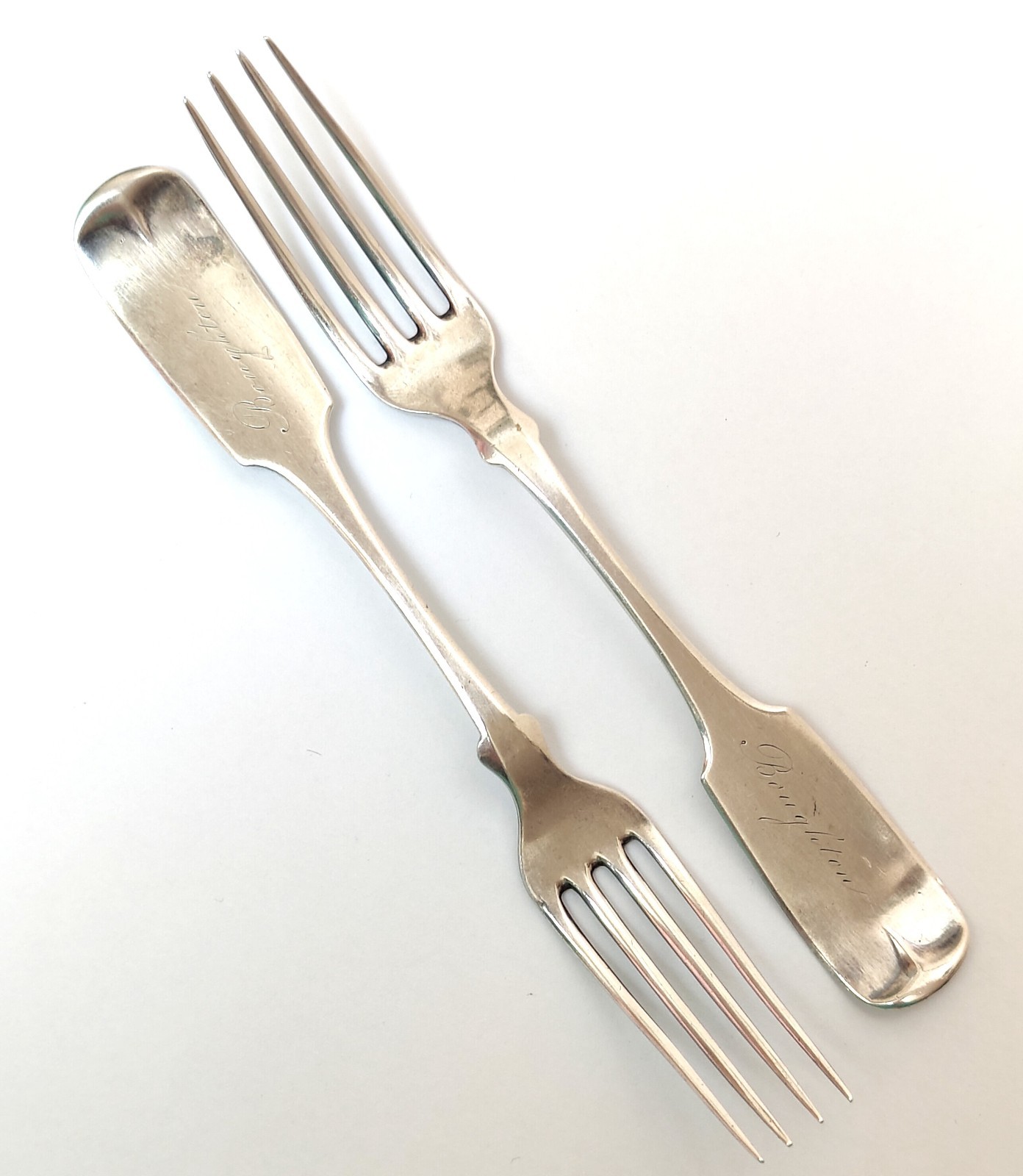 Antique American Coin Silver .900 Salad Forks Pair E Cook 1840s Monogram