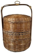 East Asian 19&rdquo; Wedding Basket &bull;3 Tiered Handwoven Bamboo Wicker Rattan &bull;1940s