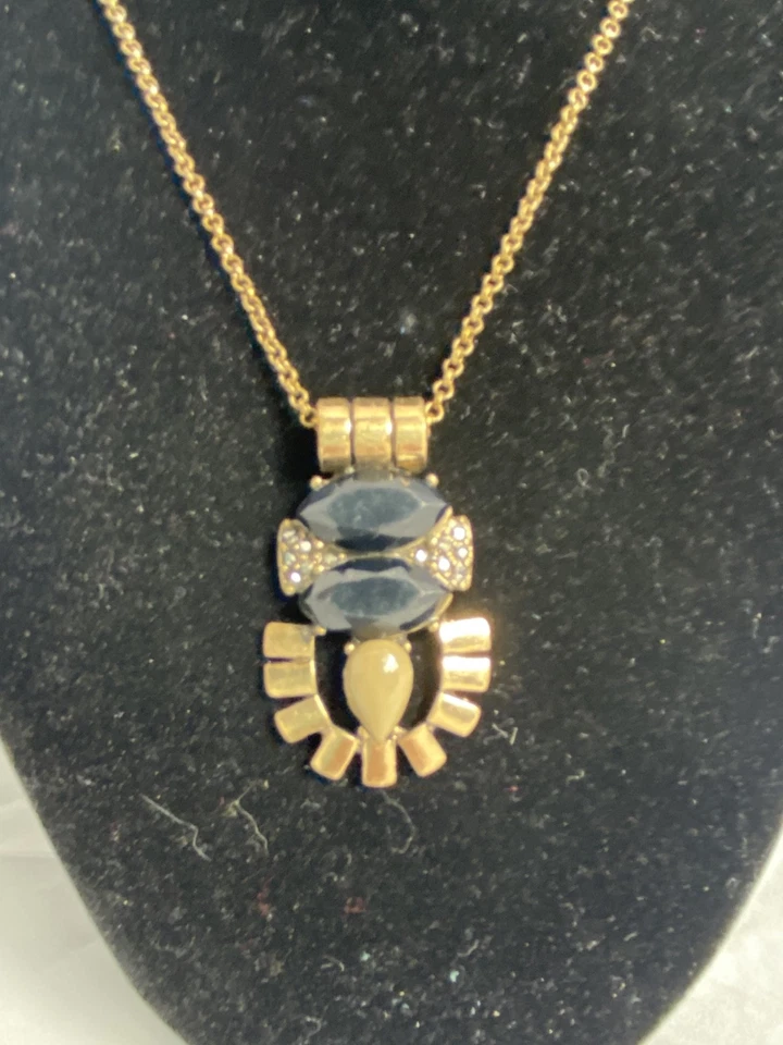 J CREW Necklace Long Antique Gold Link Chain, Black Crystal Taupe Stone Pendant - Image 2 of 4